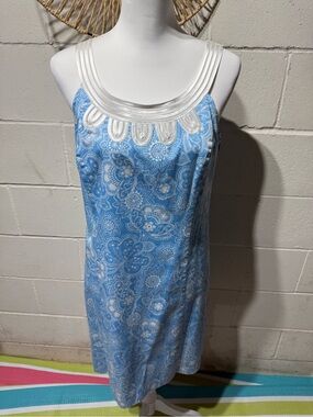 LOFT Light Blue Paisley Dress with White Trim
